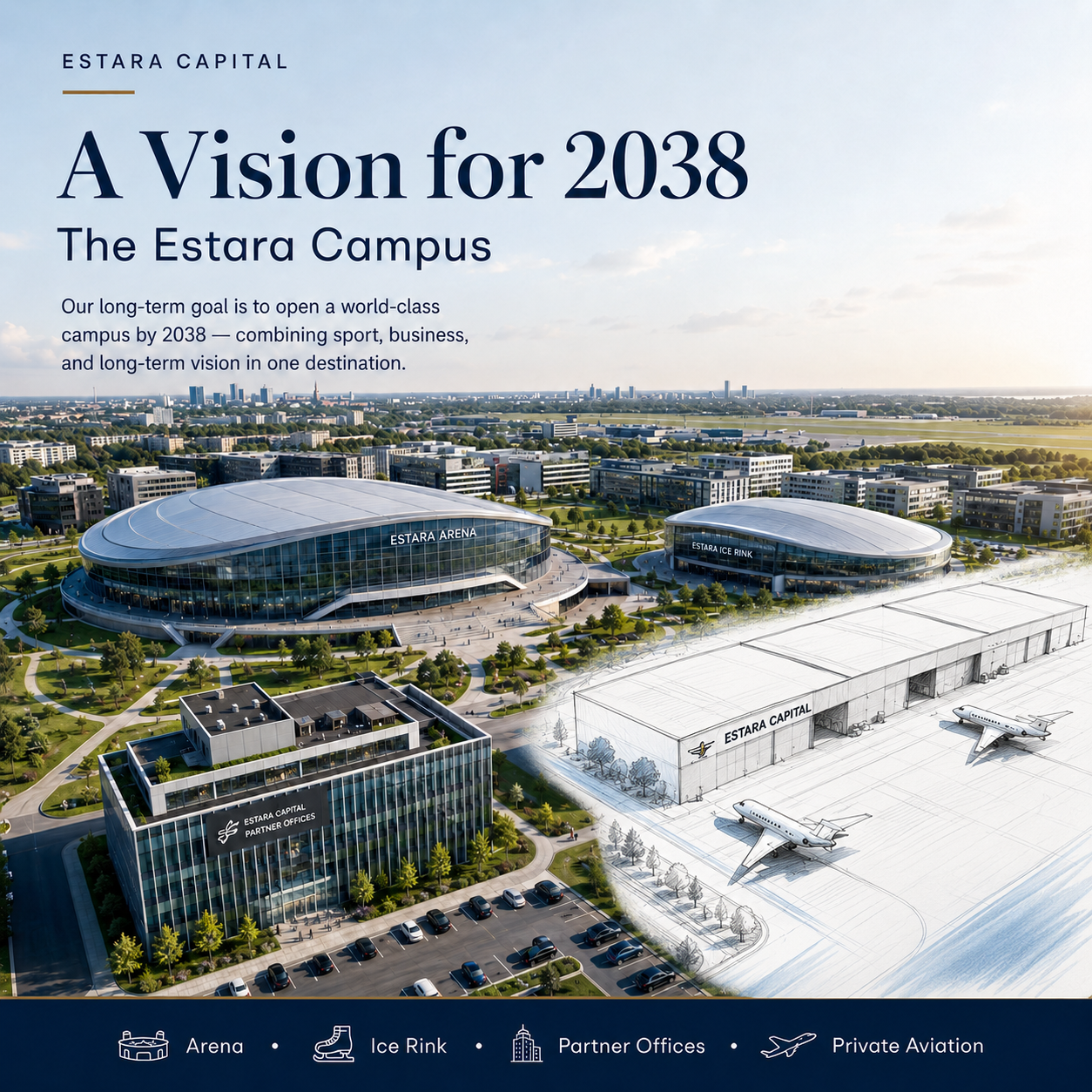 Estara Campus 2038 concept with arena, ice rink, offices and aviation infrastructure