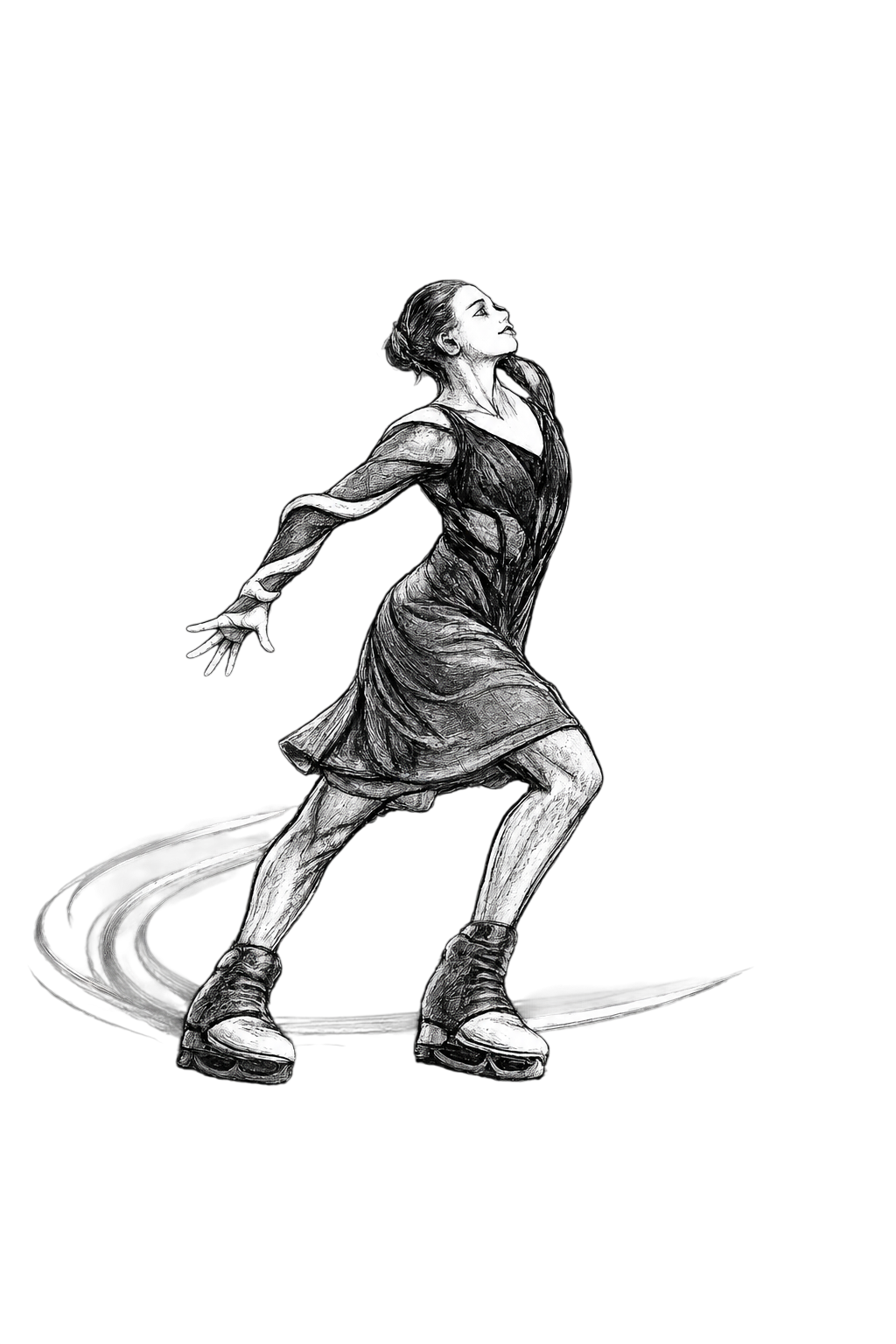 Detailed black and white figure skater sketch